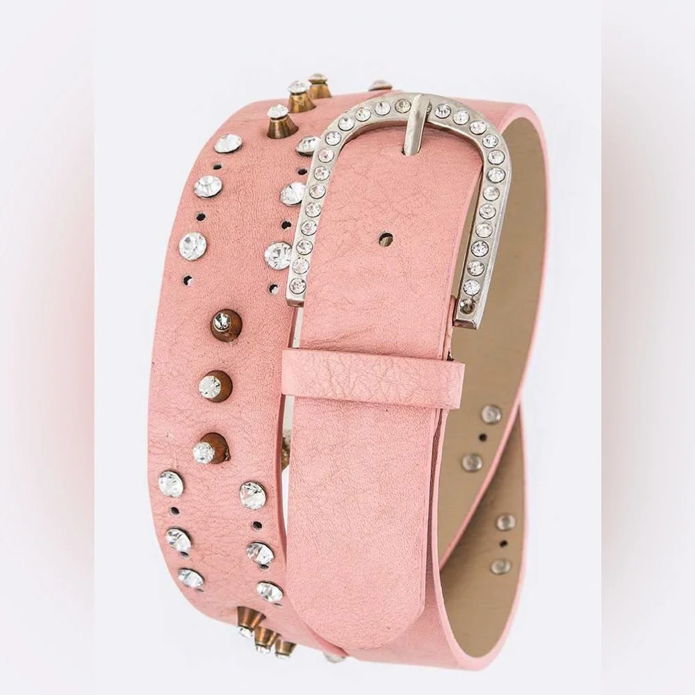 Pink Rhinestone Leather Fashion Statement Belt